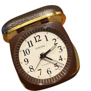 Europa Brown Vintage Gold Travel Alarm Clock Germany Working! 1950s